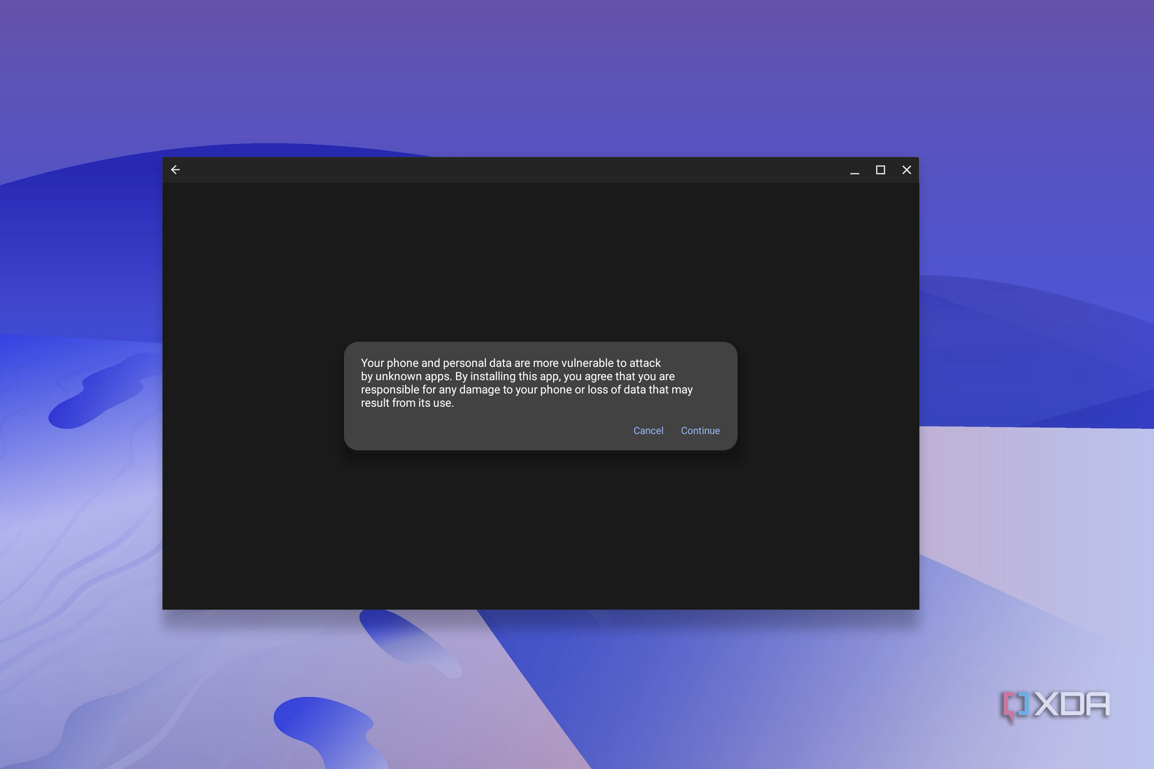 A screenshot of prompts to install an Android app as seen in the ChromeOS package installer