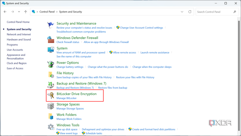 Screenshot of the System and Security section of Control Panel with BitLocker drive encryption highlighted