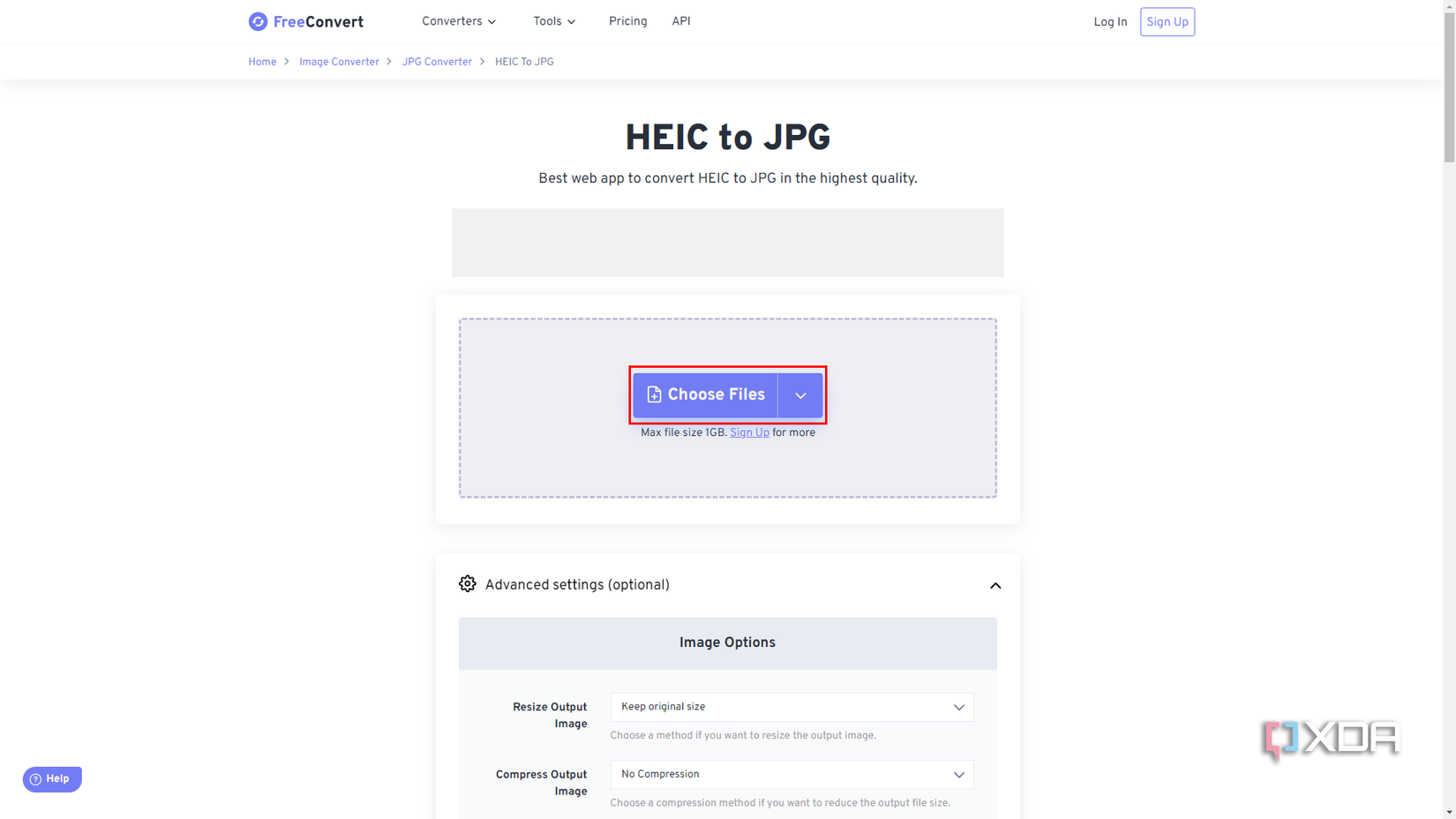 Screenshot of FreeConvert.com with the Choose Files button highlighted