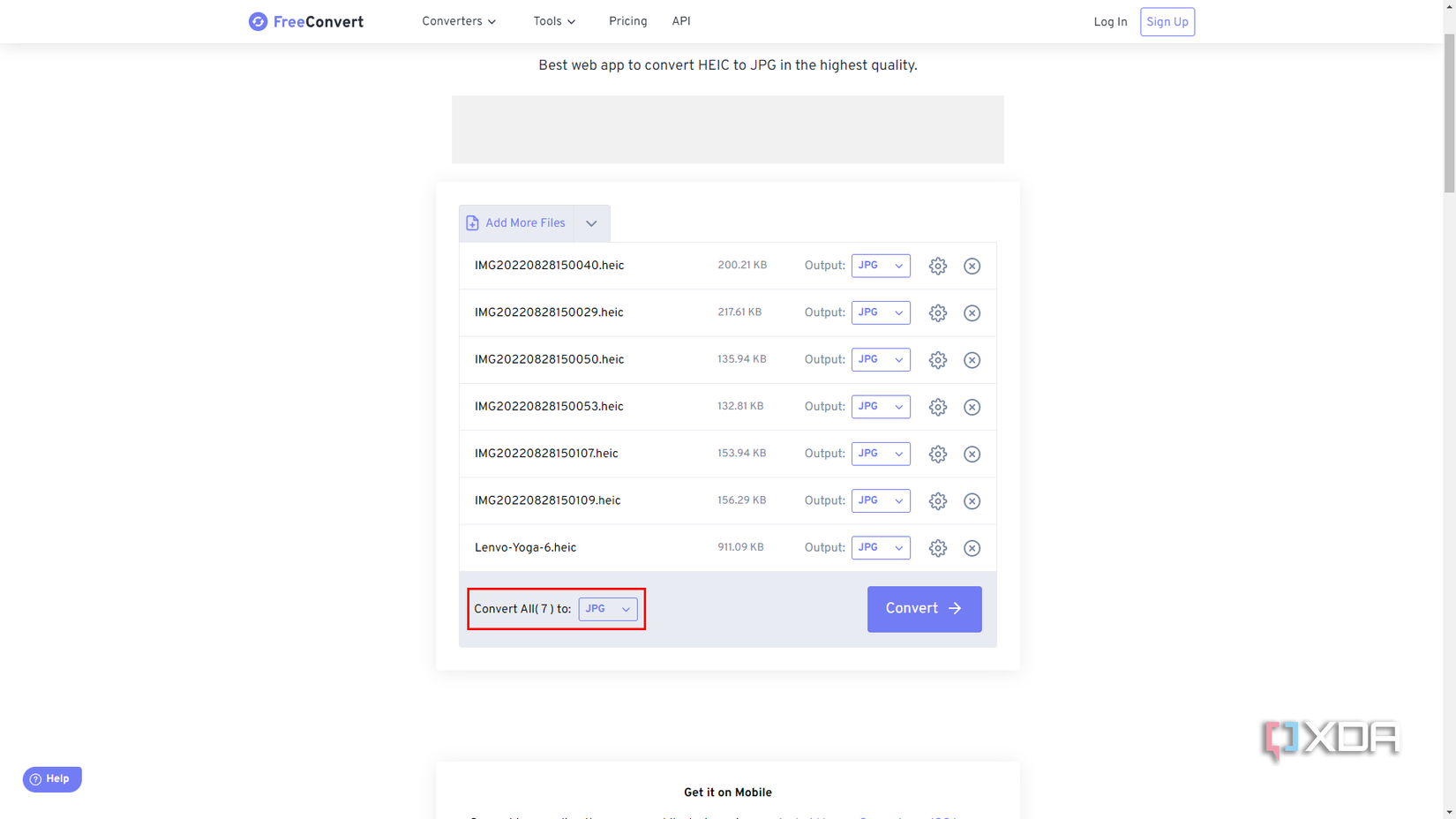 Screenshot of FreeConvert.com with the target file type set to JPG