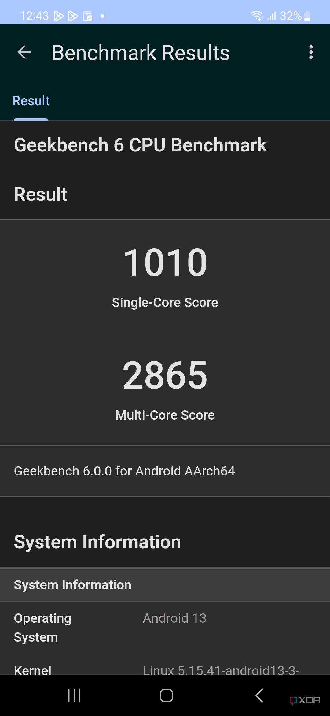 A screenshot showing the Galaxy A54 5G Geekbench 6 benchmark result.