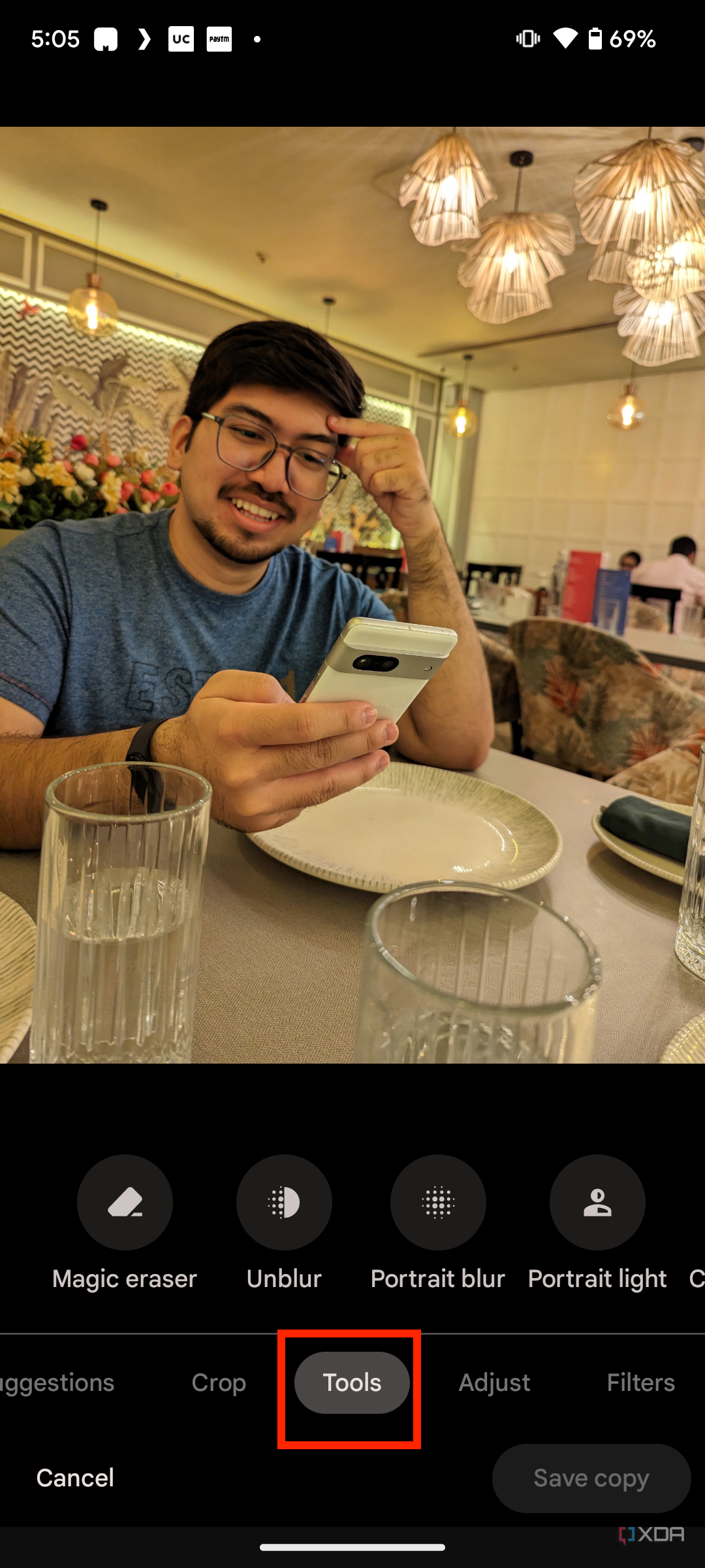 A screenshot showing the Google Photos tools in Pixel 7.