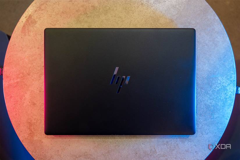 Top down view of black HP laptop