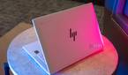Angled view of white HP laptop