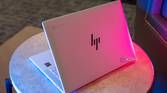 Angled view of white HP laptop