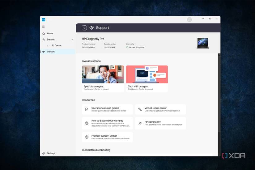 Screenshot of HP's support app