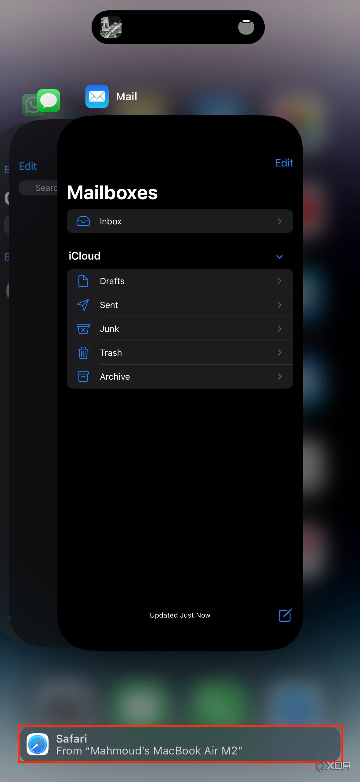 iOS App Switcher highlighting the Handoff from Mac button at the bottom of the screen