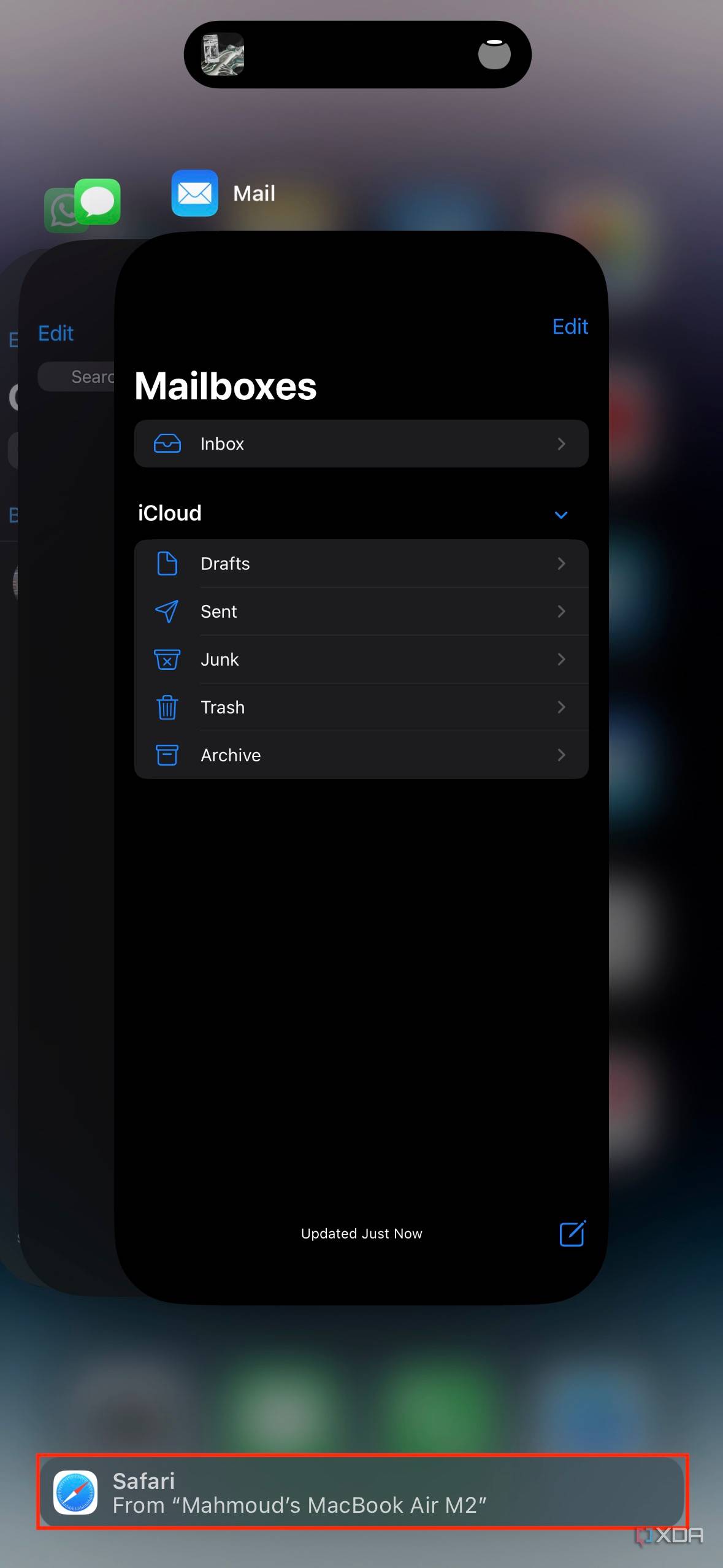 iOS App Switcher highlighting the Handoff from Mac button at the bottom of the screen
