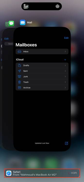 iOS App Switcher highlighting the Handoff from Mac button at the bottom of the screen