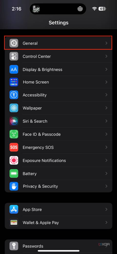 iOS Settings app highlighting the General section