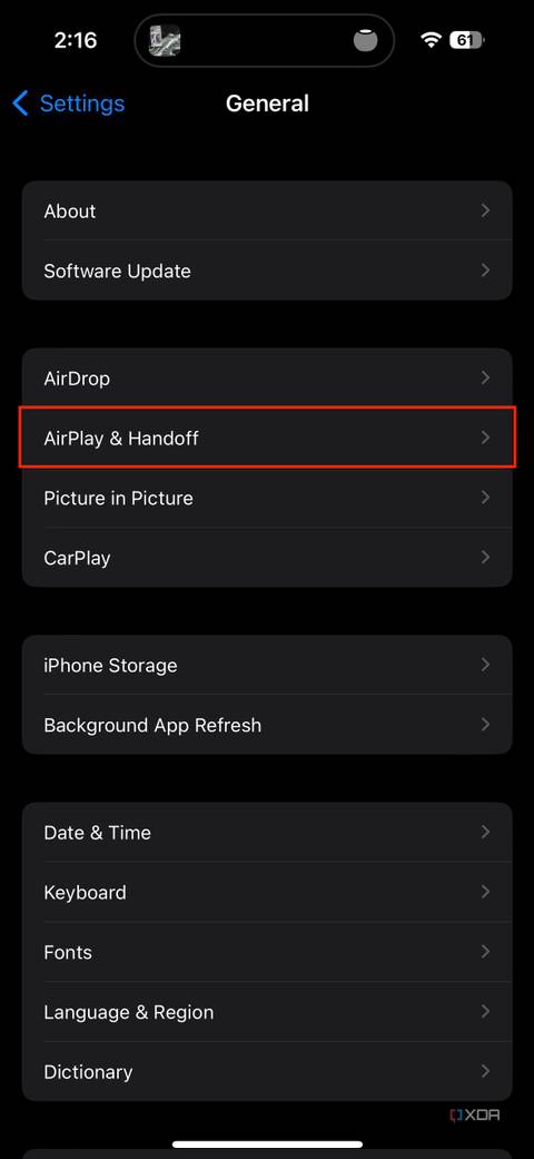 iOS Settings app highlighting the AirPlay & Handoff section