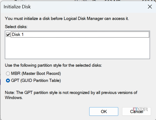 Screenshot of the Initialize Disk dialog with Disk 1 selected and partition style set to GPT.