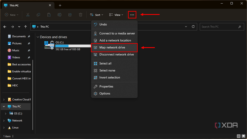 Screenshot of the This PC section with the option to map a network drive highlighted
