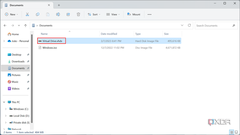 Screenshot of a virtual hard disk file in the Windows 11 File Explorer