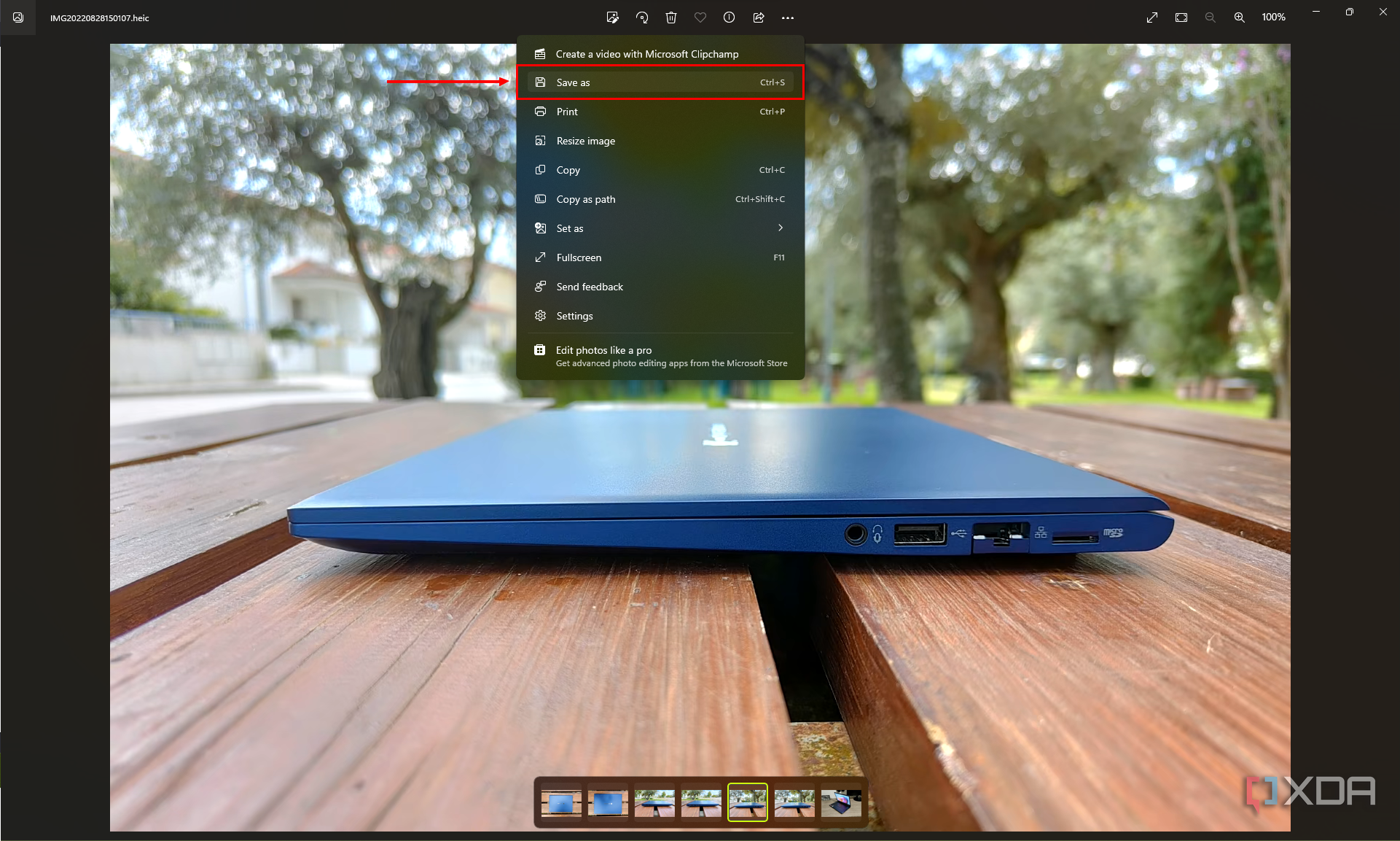Screenshot of the More option menu in the WIndows 11 Photos app with the Save as option highlighted