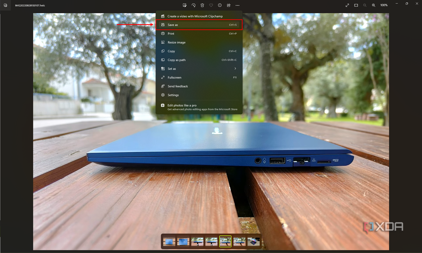 Screenshot of the More option menu in the WIndows 11 Photos app with the Save as option highlighted