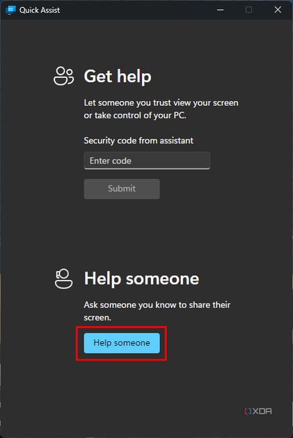 Screenshot of Quick Assist with the option to give help highlighted