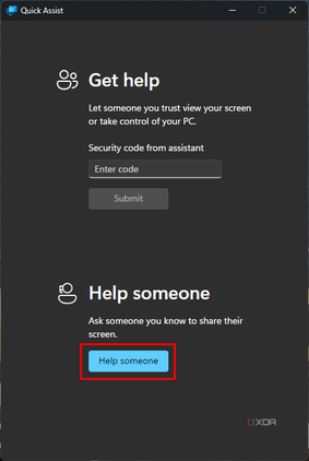 Screenshot of Quick Assist with the option to give help highlighted