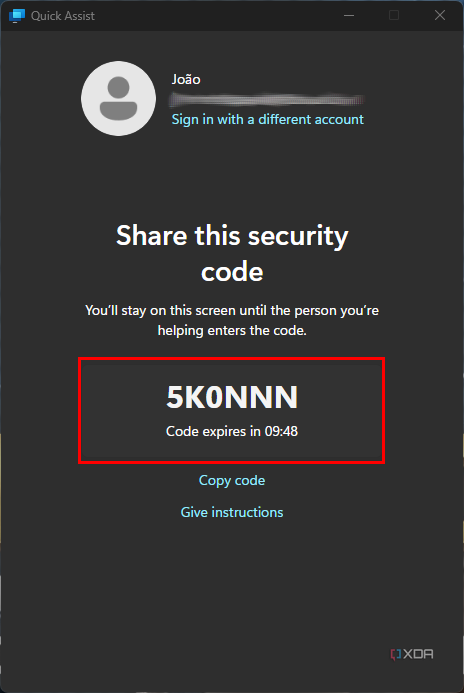 Screenshot of the helper's security code in Quick Assist