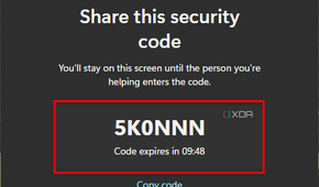 Screenshot of the helper's security code in Quick Assist