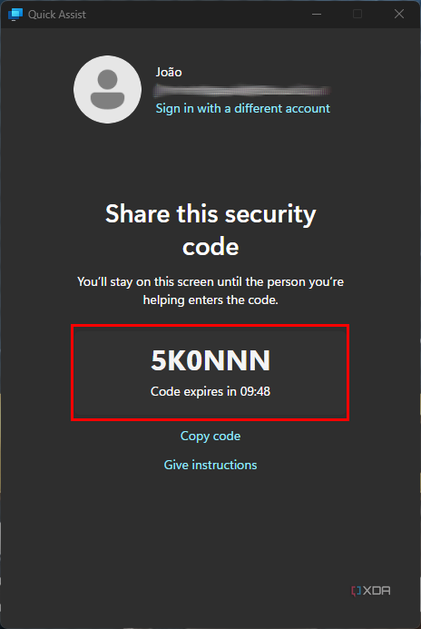 Screenshot of the helper's security code in Quick Assist