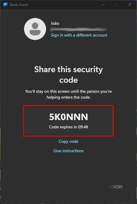 Screenshot of the helper's security code in Quick Assist