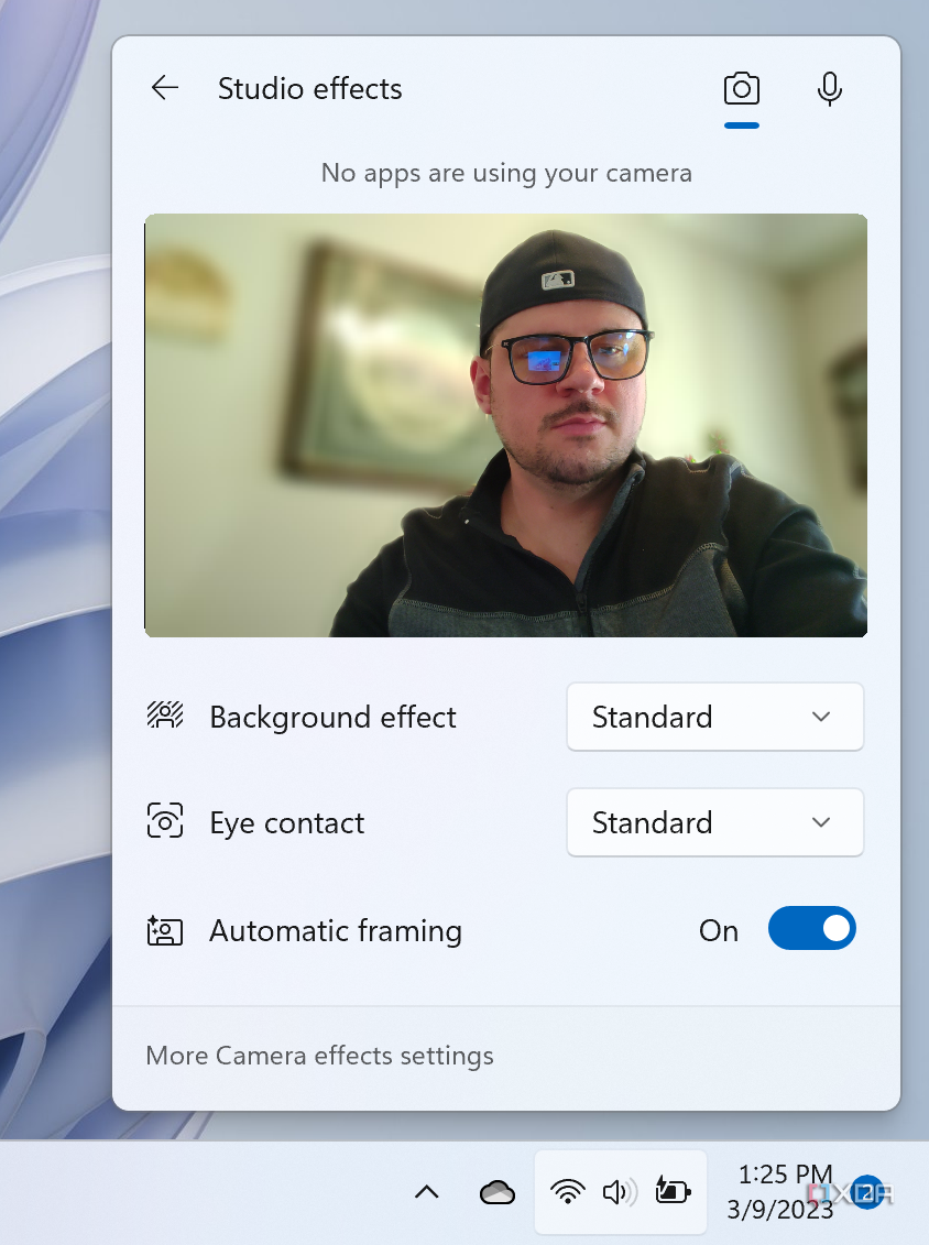 Screenshot of Windows Studio camera effects in the Quick Settings panel