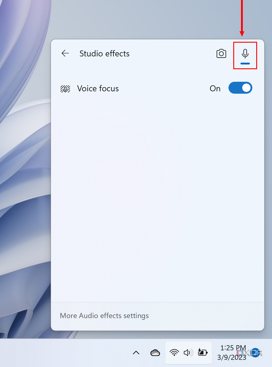 Screenshots of Windows Studio voice focus effect in Quick Settings panel