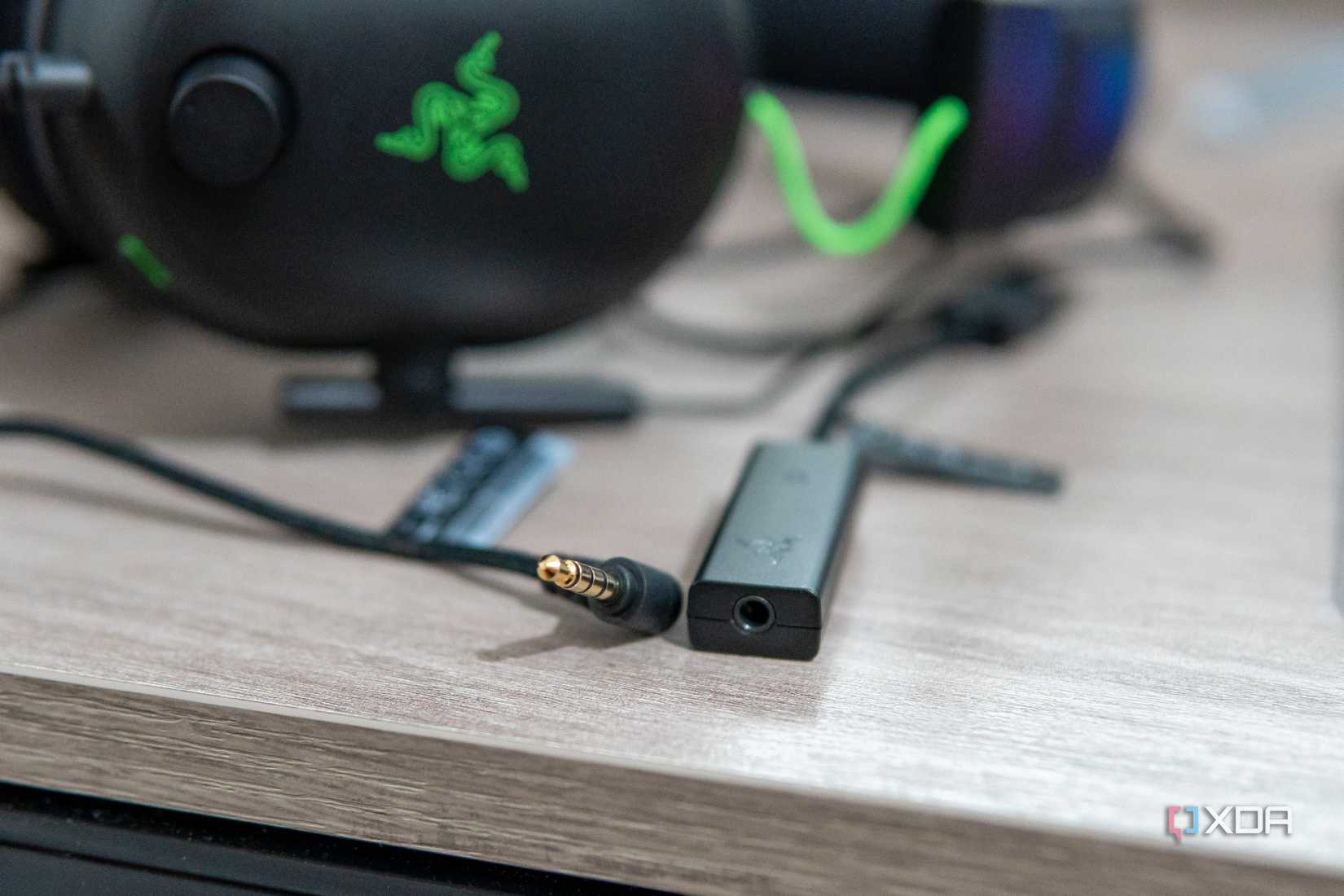 Close-up view of the 3.5mm audio jack and USB sound card for the Razer BlackShark V2