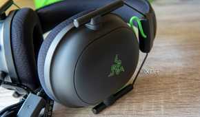 Close-up view of the outside of the earcup on the Razer BlackShark V2 headset