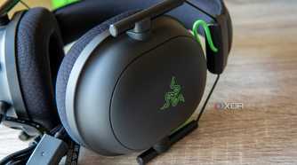 Close-up view of the outside of the earcup on the Razer BlackShark V2 headset