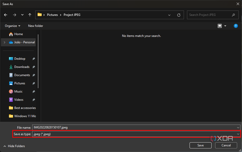 Screenshot of a Windows 11 Save dialog with the file type set to JPEG