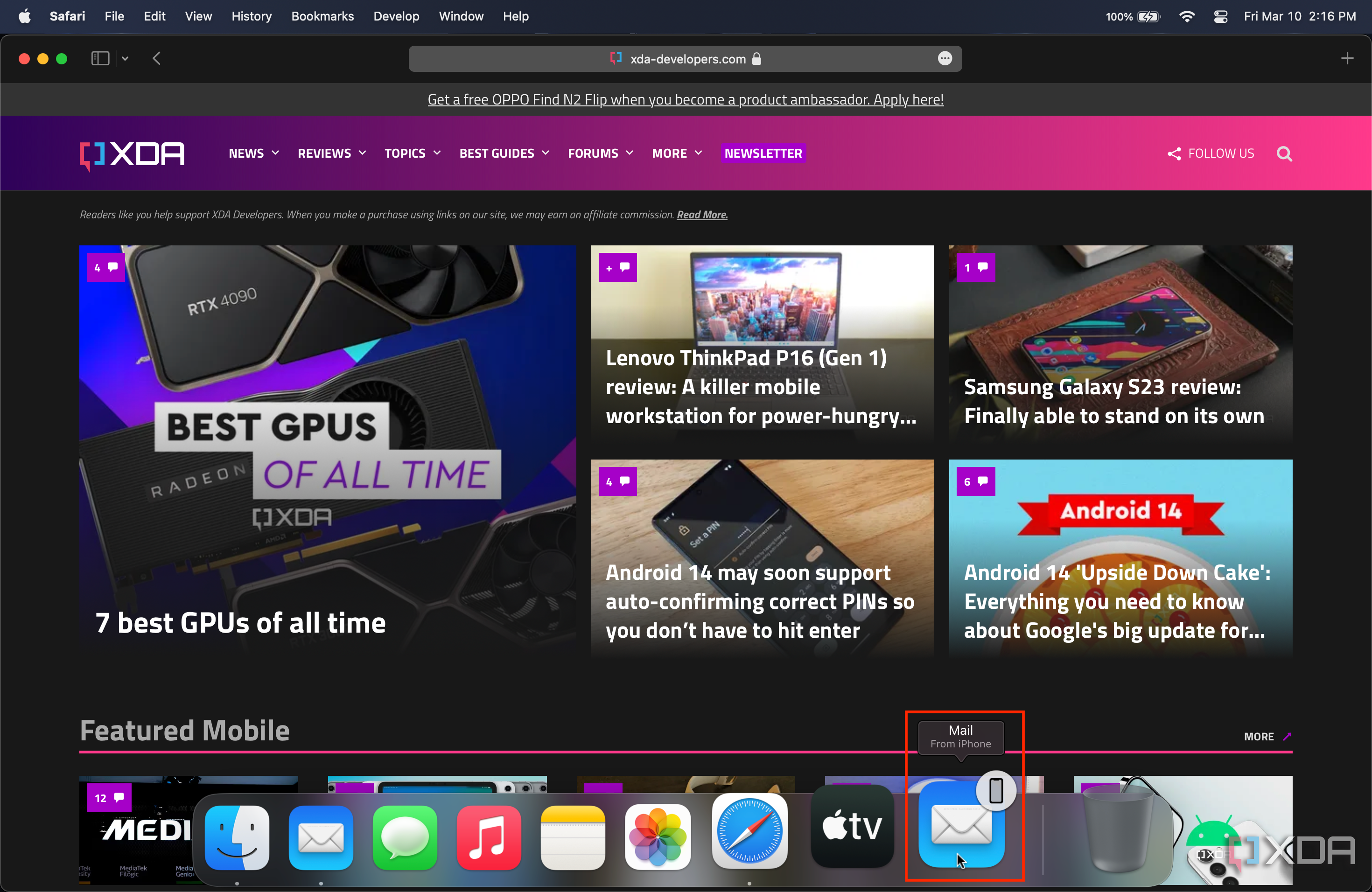 macOS Dock highlighting the Handoff from iPhone button towards the right