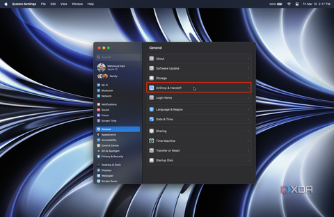 macOS System Settings app highlighting the AirDrop & Handoff section