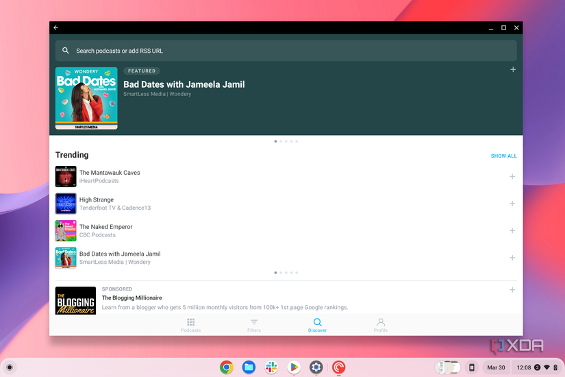 PocketCasts running on ChromeOS showing a sugested podcast