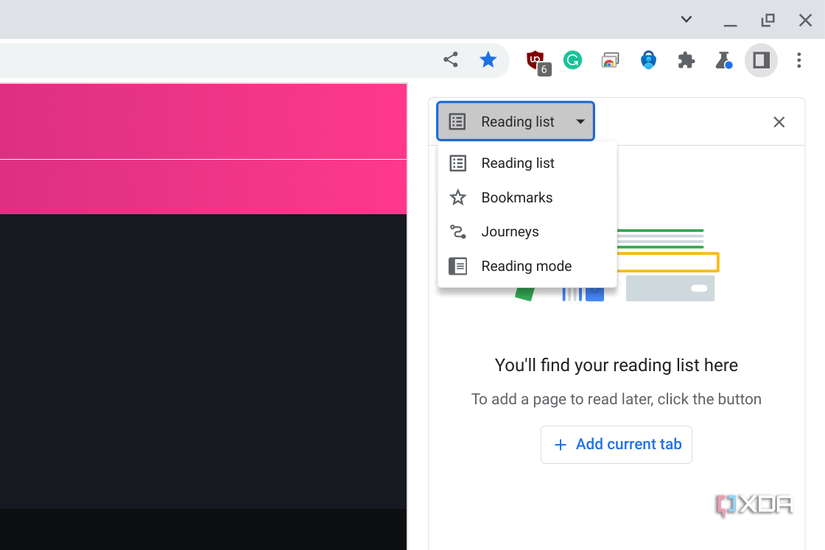 reading list option in ChromeOS with reading mode showing