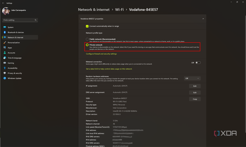 Screenshot of network properties in Windows 11 with a network set to private