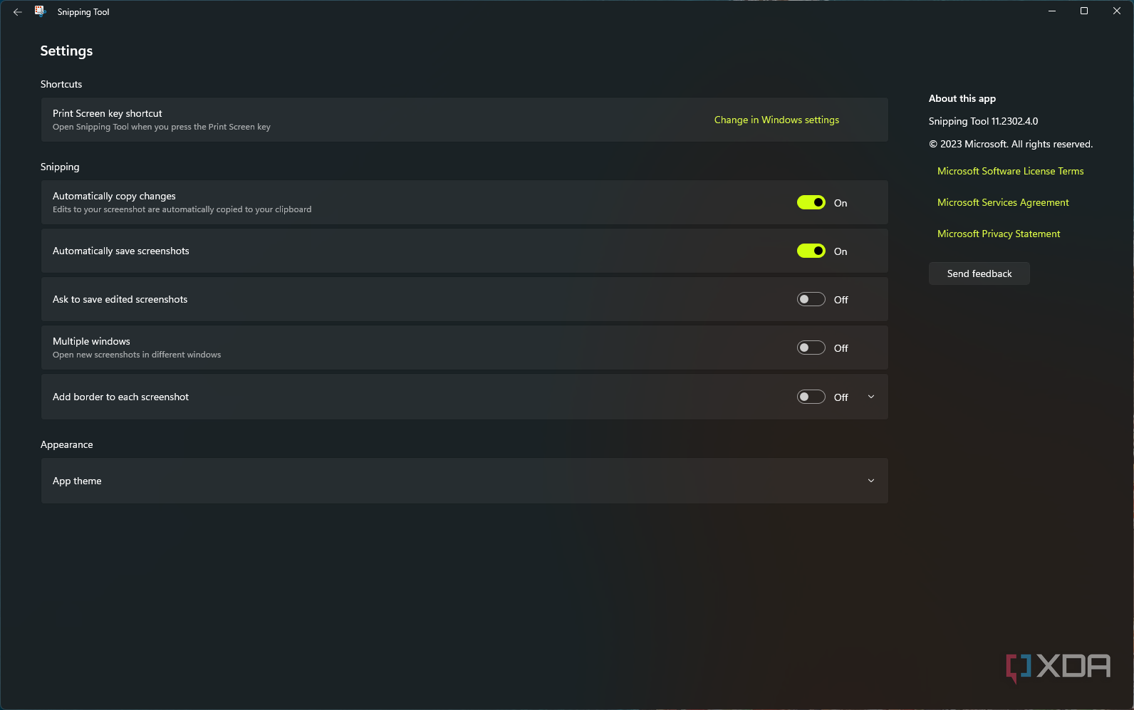 Screenshot of the Snipping Tool settings on Windows 11