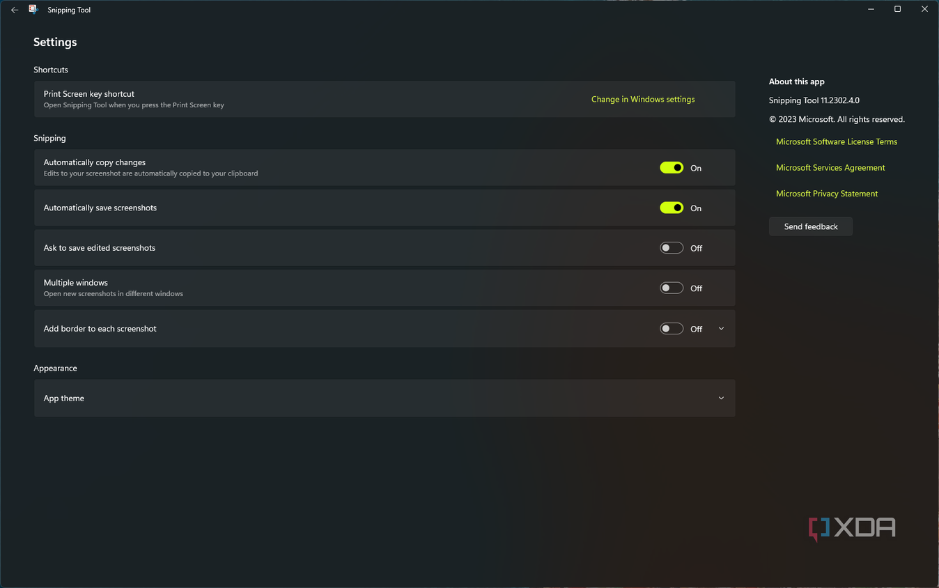 Screenshot of the Snipping Tool settings on Windows 11