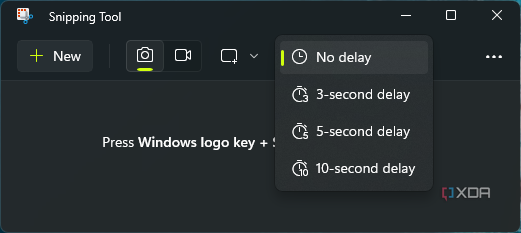 Screenshot of the capture delay options in the Windows 11 Snipping Tool