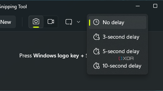 Screenshot of the capture delay options in the Windows 11 Snipping Tool