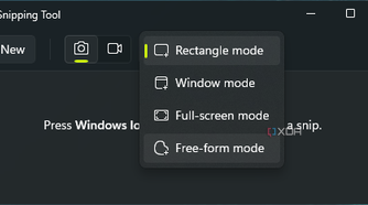Screenshot of the list of capture modes available in Windows 11 Snipping Tool, including rectangle, window, full-screen, and free-form modes