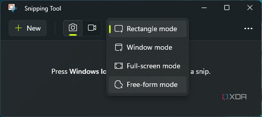Screenshot of the list of capture modes available in Windows 11 Snipping Tool, including rectangle, window, full-screen, and free-form modes