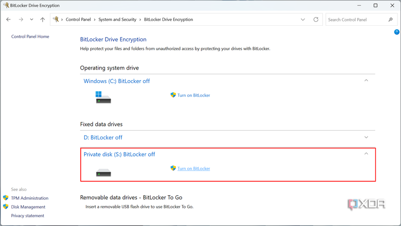 Screenshot of BitLocker in the Control Panel with a fixed data drive highlighted