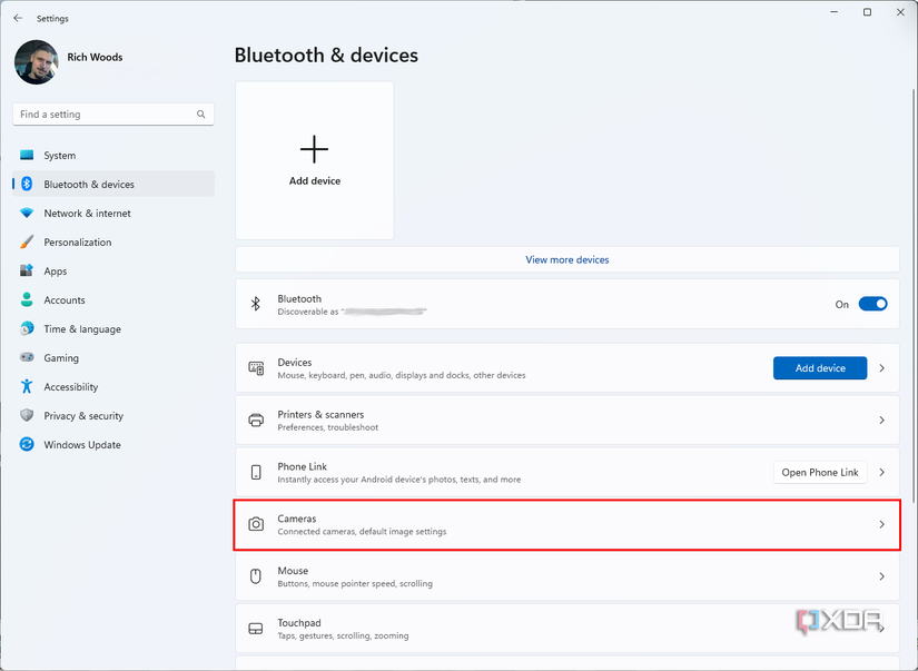 Screenshot of Bluetooth and devices page in Windows 11 Settings with Camera option highlighted