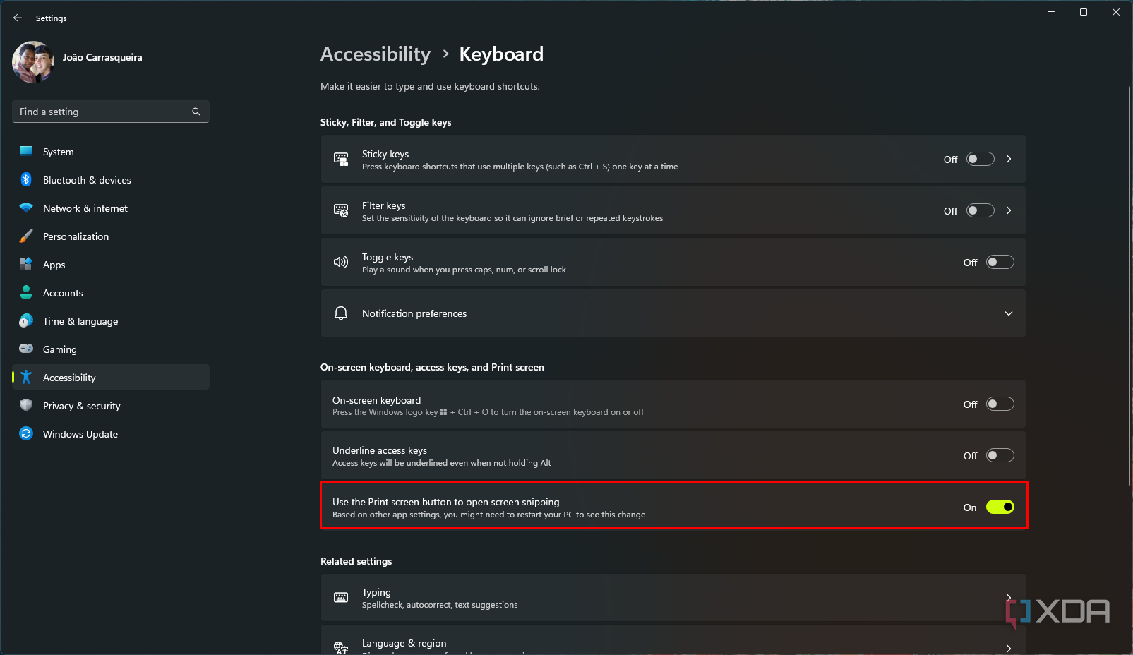 Screenshot of Windows 11 accessibility settings showing the option to use the Print Screen key as a shortcut for snipping tool