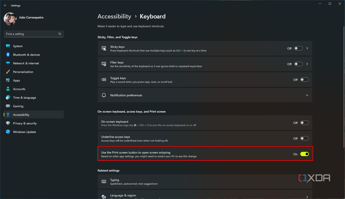 Screenshot of Windows 11 accessibility settings showing the option to use the Print Screen key as a shortcut for snipping tool