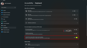 Screenshot of Windows 11 accessibility settings showing the option to use the Print Screen key as a shortcut for snipping tool