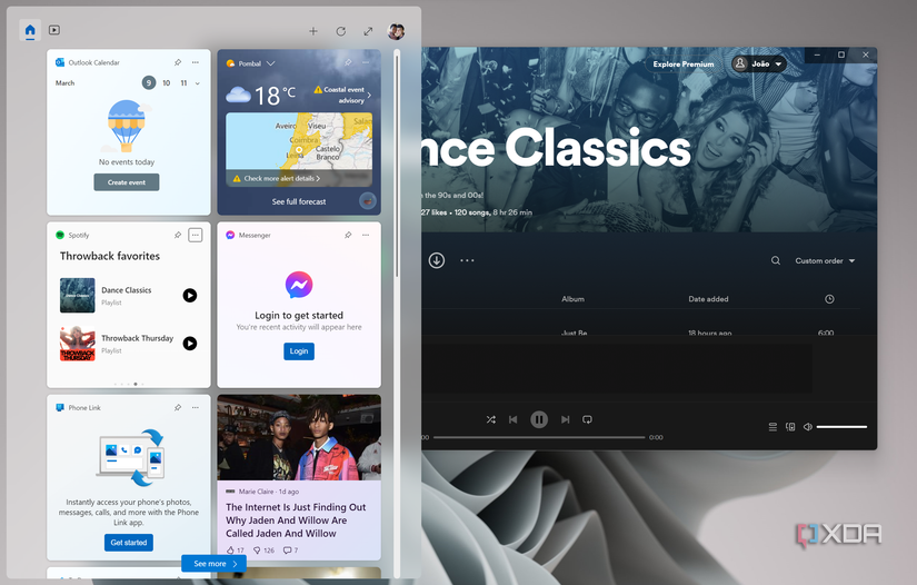 Screenshot of the Windows 11 widgets pane with a Spotify widget, next to a Spotify app window