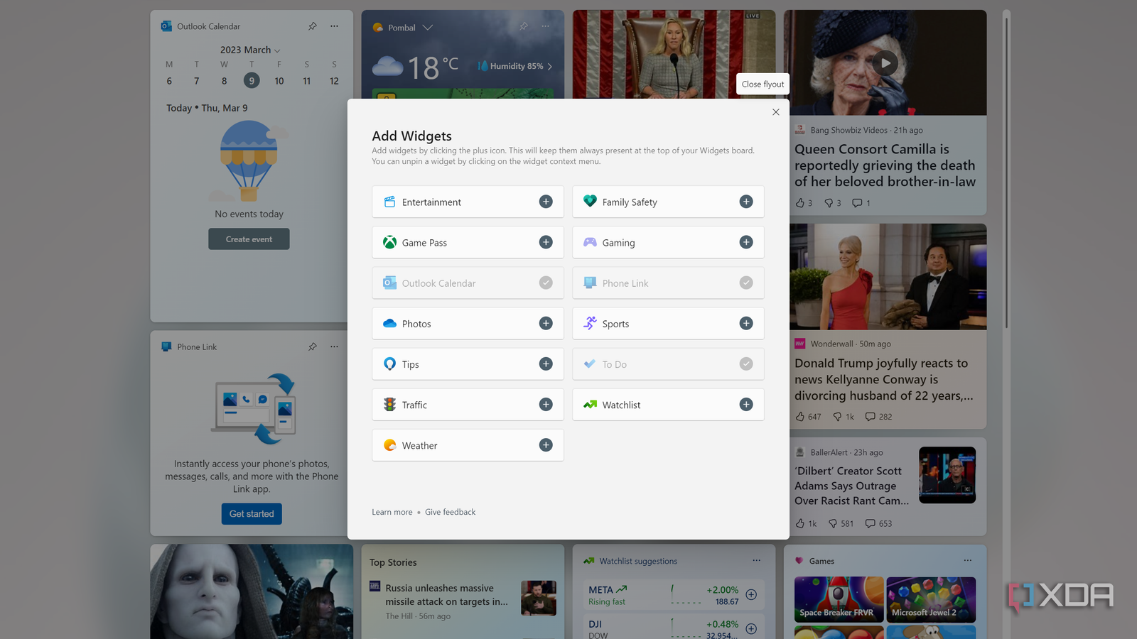 Screenshot of the Windows 11 Widgets view with a pop-up window to add new Widgets
